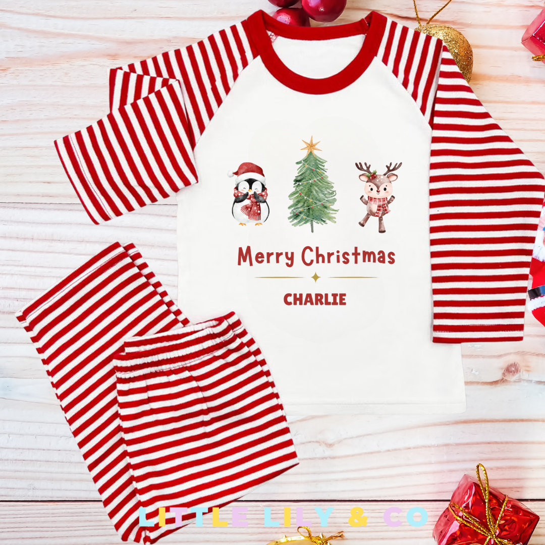 Personalised Merry Christmas Children's Pyjamas Red Striped Pyjamas - MATCHING FAMILY PYJAMAS