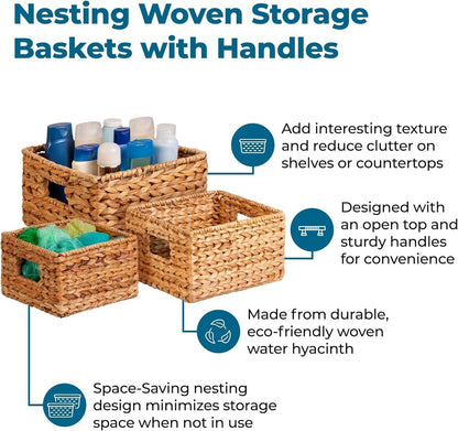 Eco-Friendly Woven Water Hyacinth Nesting Storage Baskets – Set of 3 | Natural Finish | Multi-Size | Home & Kitchen Organization