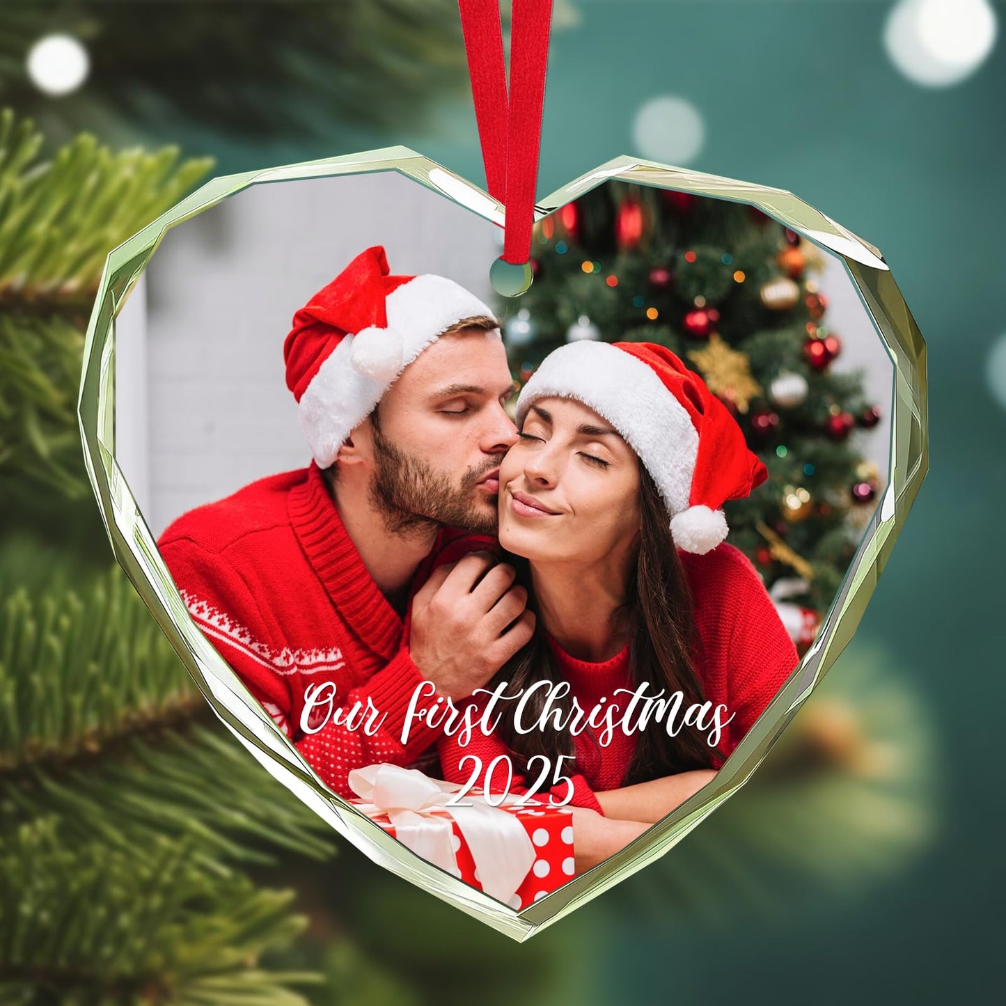 Personalized Christmas Ornaments 2025 with Photo & Text - Customized Crystal Glass Christmas Tree Decor Gifts for Family, Couples, Pets, Baby’s First Xmas – 6 Heart/Round Designs