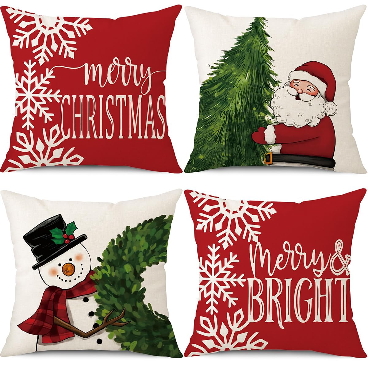 PSDWETS Christmas Pillow Covers 18x18 Set of 4 Christmas Decorations Snowman Deer Tree Winter Holiday Decor Throw Cushion Case for Home Couch
