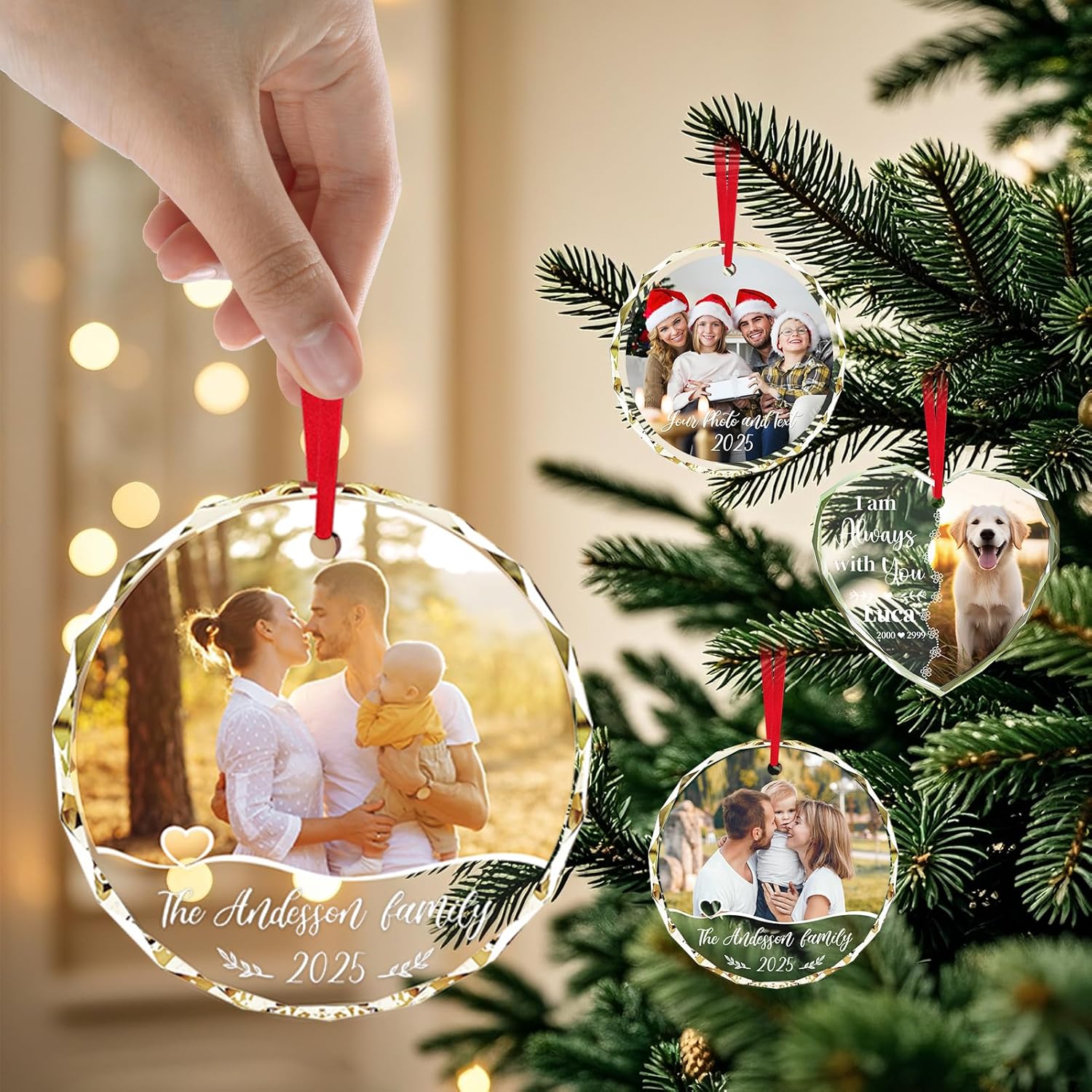 Personalized Christmas Ornaments 2025 with Photo & Text - Customized Crystal Glass Christmas Tree Decor Gifts for Family, Couples, Pets, Baby’s First Xmas – 6 Heart/Round Designs