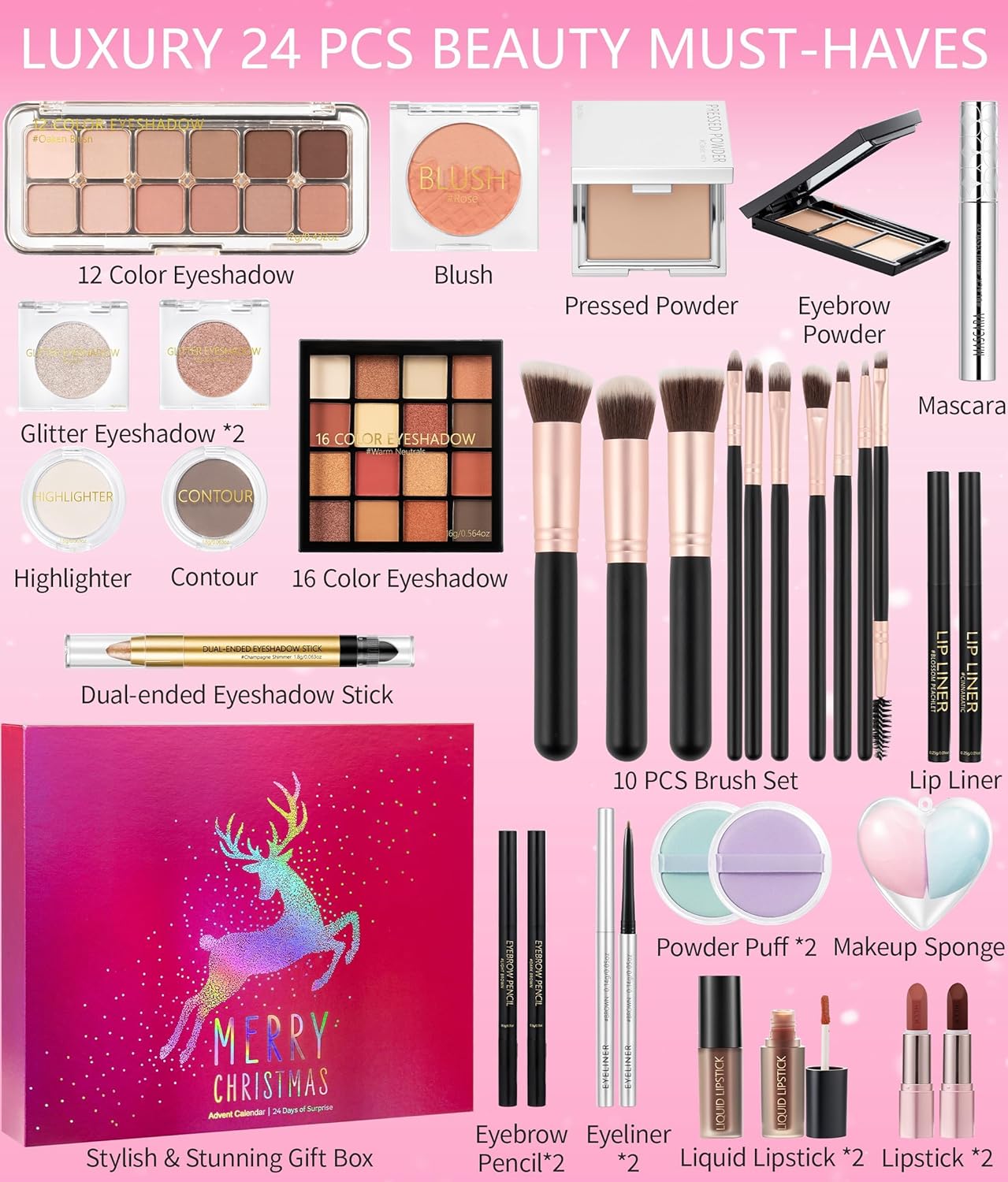 Makeup Beauty Advent Calendar 2025, 24 Days Christmas Countdown Calendar for Adults Women & Teen Girls - Cosmetic Advent Full Face Make Up Calendar Kit Xmas Gift Set for Wife Mom Friend Girlfriends