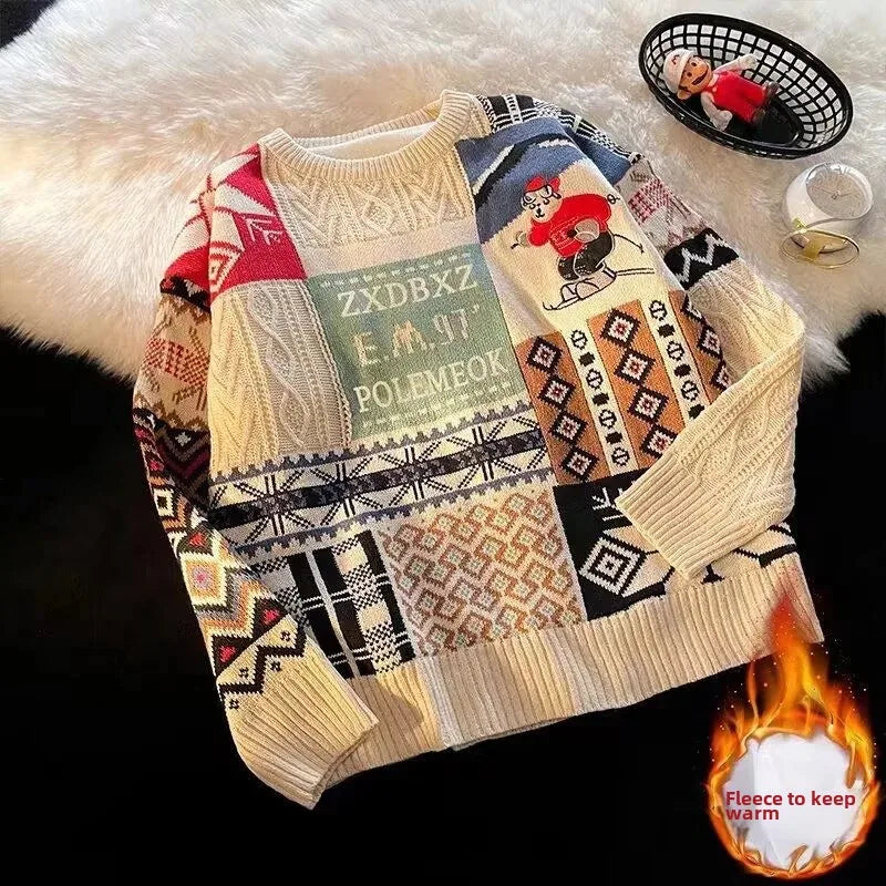 Christmas Sweater Men's Winter Loose-fit Casual Style Knitted Top Jacket American Vintage Fleece-lined Thickened Line Clothes