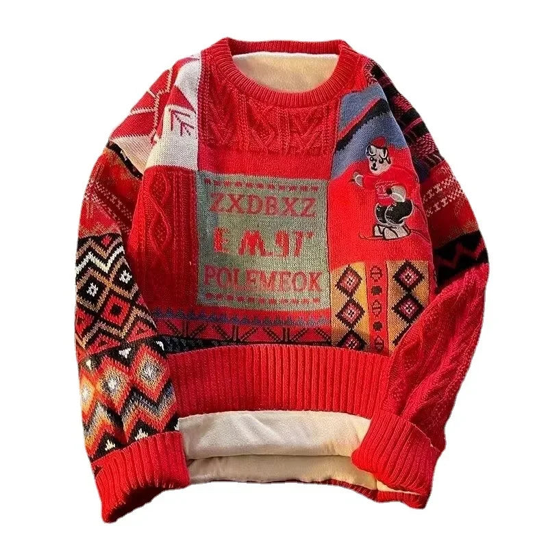 Christmas Sweater Men's Winter Loose-fit Casual Style Knitted Top Jacket American Vintage Fleece-lined Thickened Line Clothes