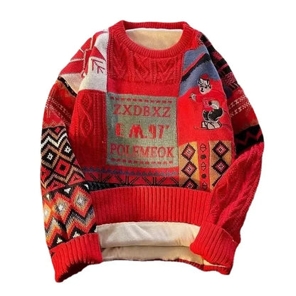 Christmas Sweater Men's Winter Loose-fit Casual Style Knitted Top Jacket American Vintage Fleece-lined Thickened Line Clothes