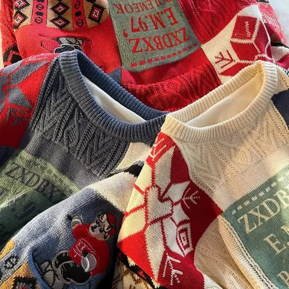 Christmas Sweater Men's Winter Loose-fit Casual Style Knitted Top Jacket American Vintage Fleece-lined Thickened Line Clothes