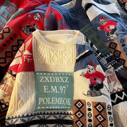 Christmas Sweater Men's Winter Loose-fit Casual Style Knitted Top Jacket American Vintage Fleece-lined Thickened Line Clothes