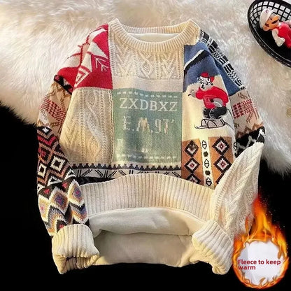 Christmas Sweater Men's Winter Loose-fit Casual Style Knitted Top Jacket American Vintage Fleece-lined Thickened Line Clothes