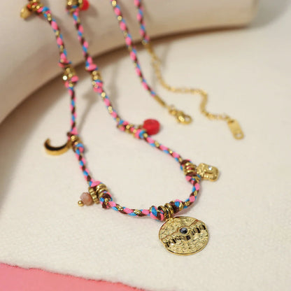 WILD & FREE Vintage Stainless Steel Charms Necklaces for Women Boho Pink Blue Rope Chains Bracelets Trendy Jewelry Sets