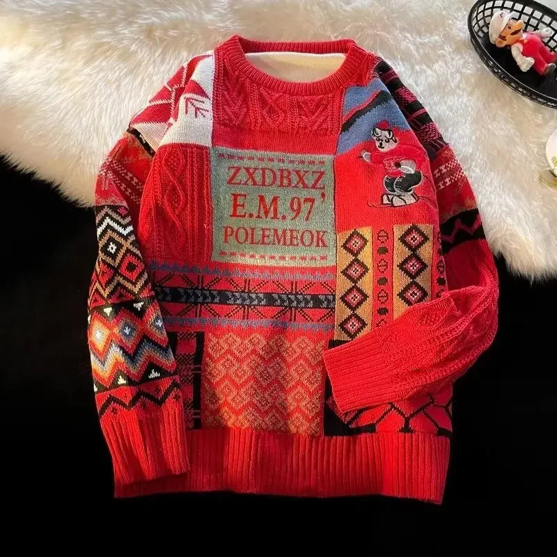 Christmas Sweater Men's Winter Loose-fit Casual Style Knitted Top Jacket American Vintage Fleece-lined Thickened Line Clothes