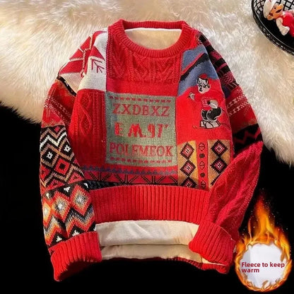 Christmas Sweater Men's Winter Loose-fit Casual Style Knitted Top Jacket American Vintage Fleece-lined Thickened Line Clothes