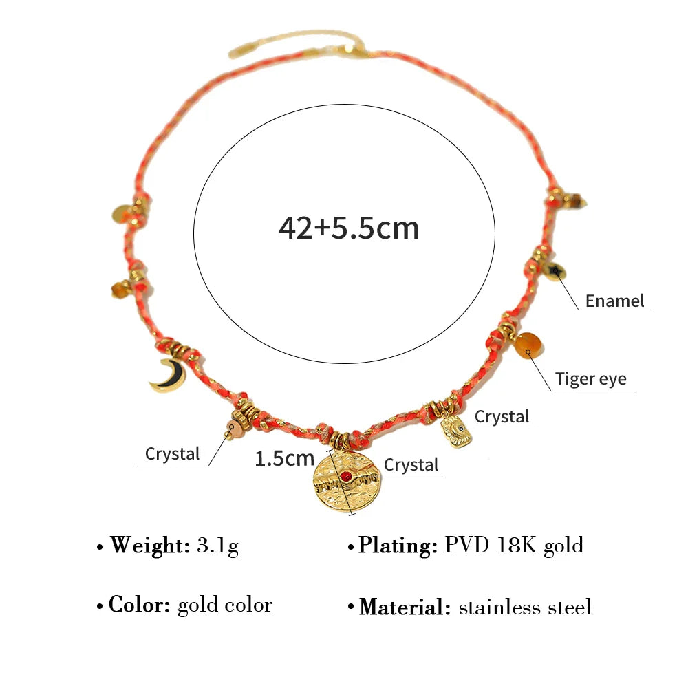 WILD & FREE Vintage Stainless Steel Charms Necklaces for Women Boho Pink Blue Rope Chains Bracelets Trendy Jewelry Sets