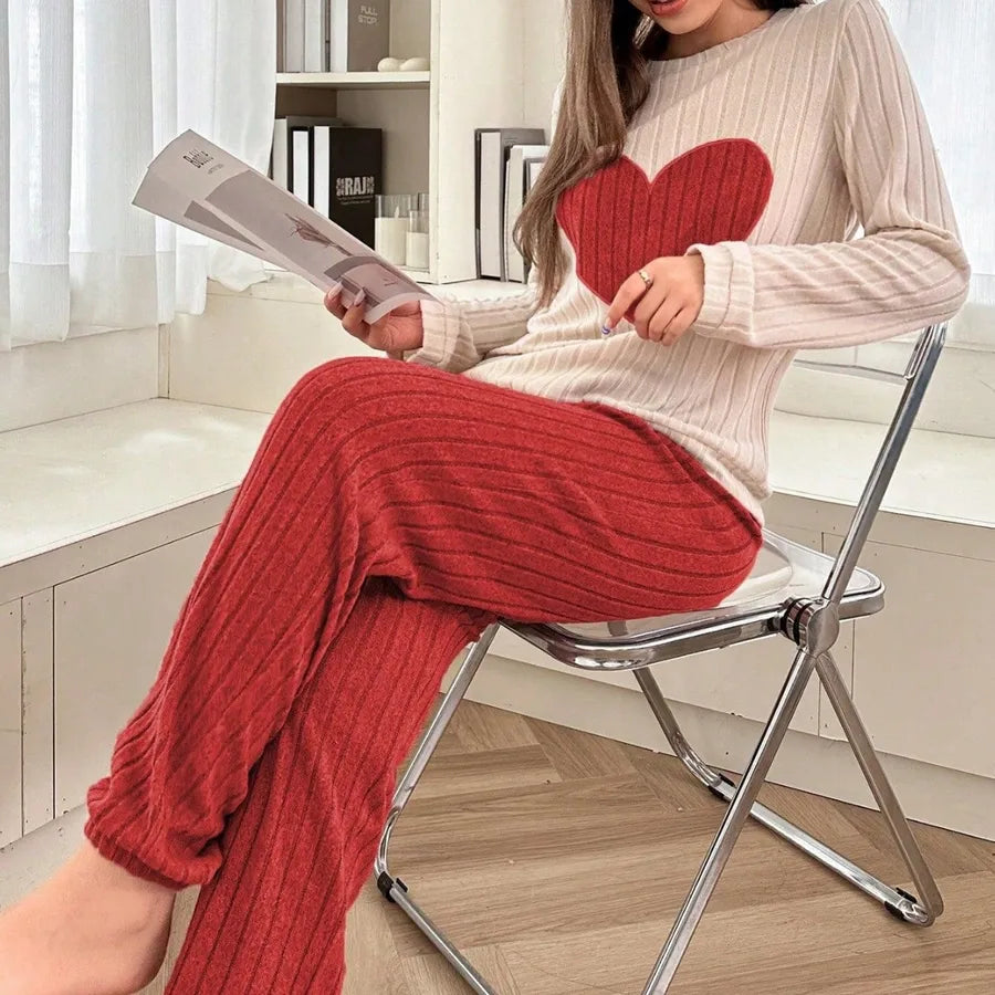 Soft Color Block Heart Pattern Sleepwear Set Women's Long Sleeve Long Pants Home Clothes Two Piece Set Spring Autumn New Style
