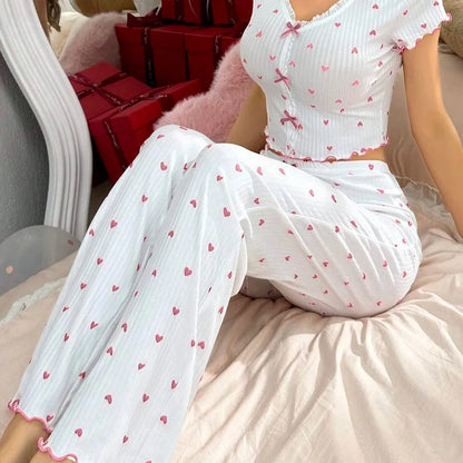 Hot-selling Home Clothes Printed Love V-neck Short-sleeved Pajamas Women's Outer Wearing Pants Two-piece suit