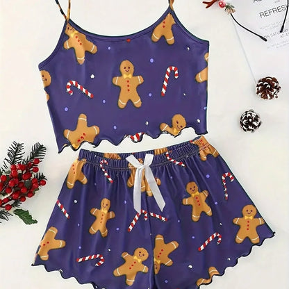 Summer Milk Sexy Women's Christmas Style Sleepwear Strap Vest Shorts Snowflake Deer Home Clothes Two-Piece Set Casual Home Wear