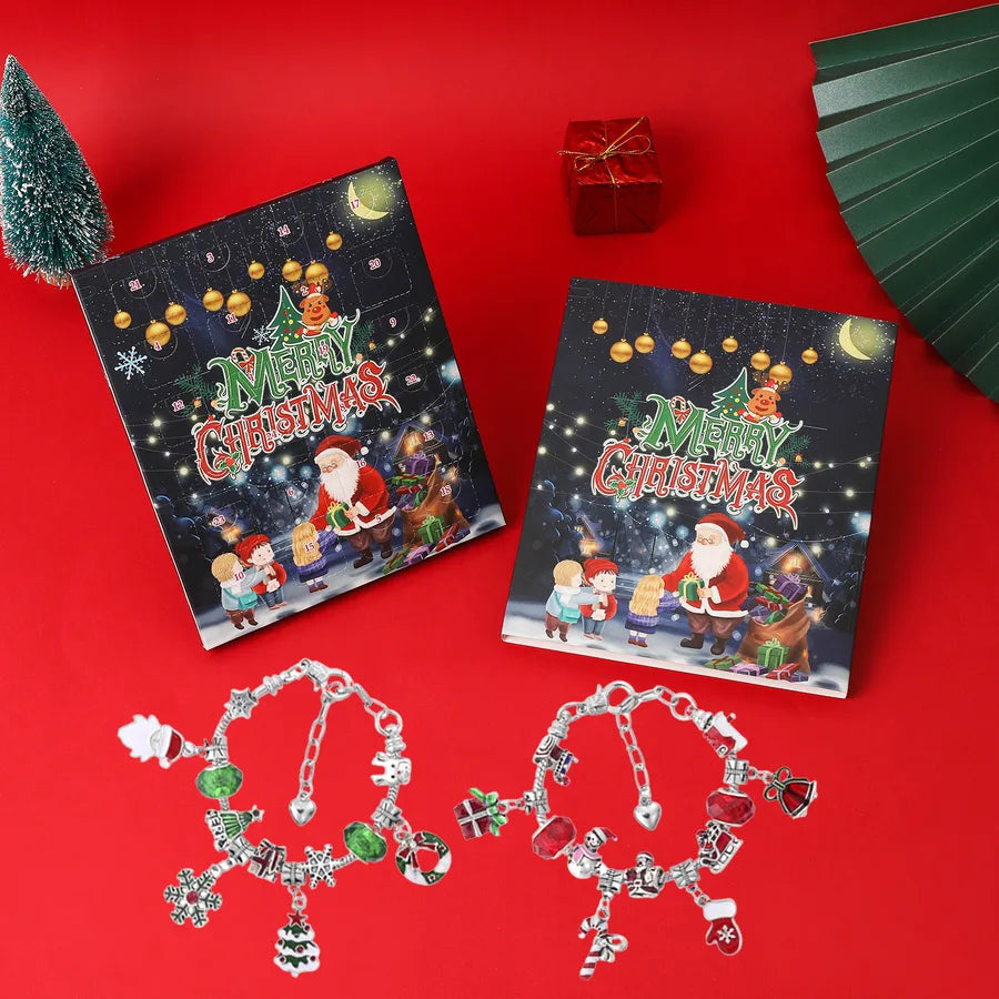 Christmas Themed 24-Door Countdown Calendar DIY Bracelet Set Children's Gift Blind Box Cartoon Style Alloy Jewelry Kit