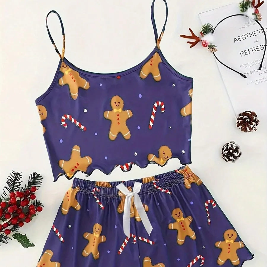 Summer Milk Sexy Women's Christmas Style Sleepwear Strap Vest Shorts Snowflake Deer Home Clothes Two-Piece Set Casual Home Wear