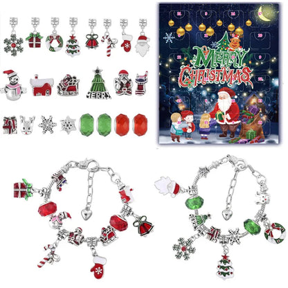 Christmas Themed 24-Door Countdown Calendar DIY Bracelet Set Children's Gift Blind Box Cartoon Style Alloy Jewelry Kit