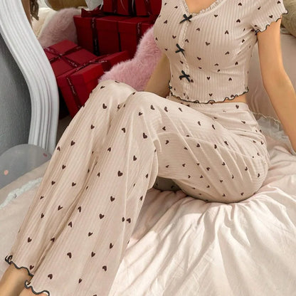 Hot-selling Home Clothes Printed Love V-neck Short-sleeved Pajamas Women's Outer Wearing Pants Two-piece suit