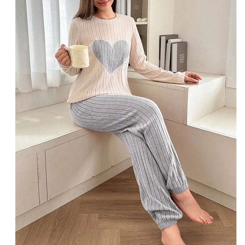 Soft Color Block Heart Pattern Sleepwear Set Women's Long Sleeve Long Pants Home Clothes Two Piece Set Spring Autumn New Style
