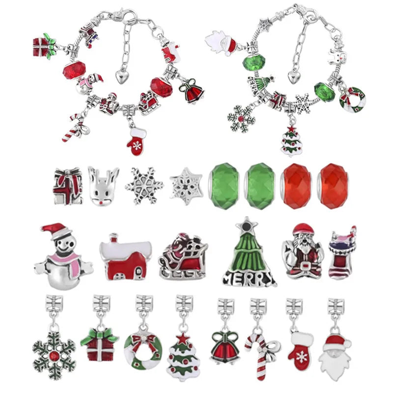 Christmas Themed 24-Door Countdown Calendar DIY Bracelet Set Children's Gift Blind Box Cartoon Style Alloy Jewelry Kit