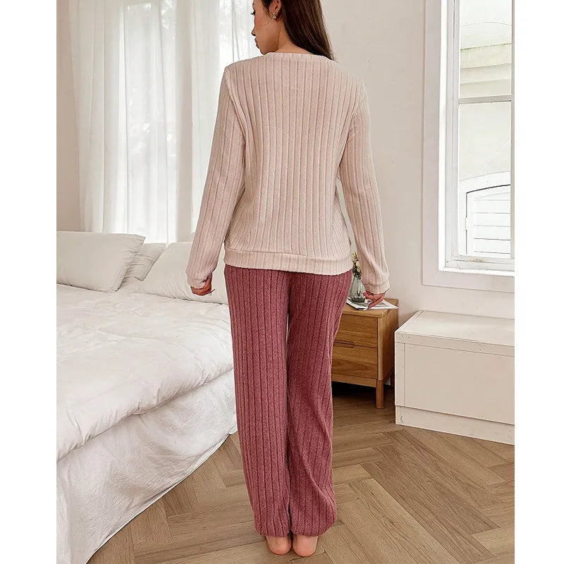 Soft Color Block Heart Pattern Sleepwear Set Women's Long Sleeve Long Pants Home Clothes Two Piece Set Spring Autumn New Style