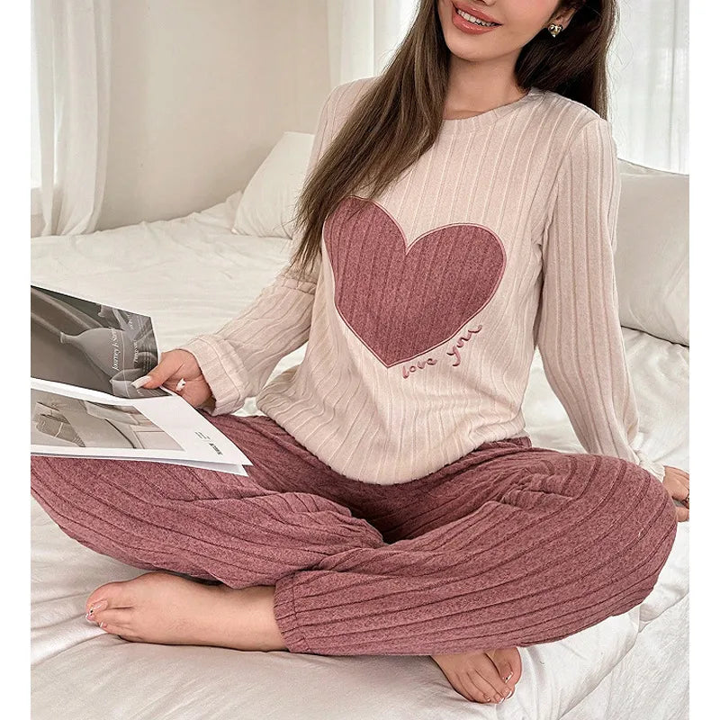 Soft Color Block Heart Pattern Sleepwear Set Women's Long Sleeve Long Pants Home Clothes Two Piece Set Spring Autumn New Style