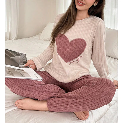 Soft Color Block Heart Pattern Sleepwear Set Women's Long Sleeve Long Pants Home Clothes Two Piece Set Spring Autumn New Style