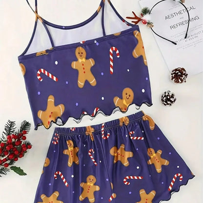 Summer Milk Sexy Women's Christmas Style Sleepwear Strap Vest Shorts Snowflake Deer Home Clothes Two-Piece Set Casual Home Wear