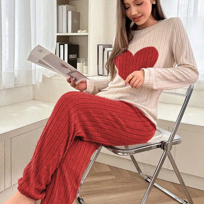 Soft Color Block Heart Pattern Sleepwear Set Women's Long Sleeve Long Pants Home Clothes Two Piece Set Spring Autumn New Style
