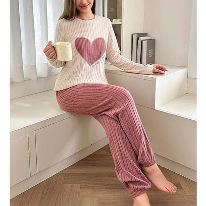 Soft Color Block Heart Pattern Sleepwear Set Women's Long Sleeve Long Pants Home Clothes Two Piece Set Spring Autumn New Style