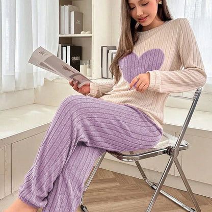Soft Color Block Heart Pattern Sleepwear Set Women's Long Sleeve Long Pants Home Clothes Two Piece Set Spring Autumn New Style