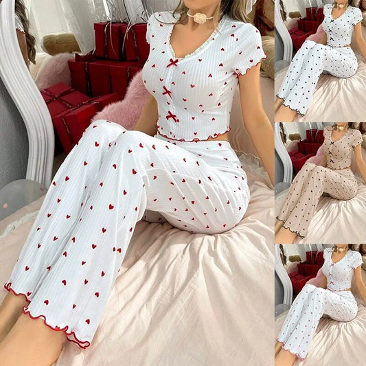 Hot-selling Home Clothes Printed Love V-neck Short-sleeved Pajamas Women's Outer Wearing Pants Two-piece suit